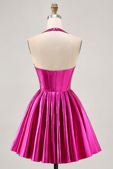 Metallic Fuchsia Halter Pleated Cocktail Dress